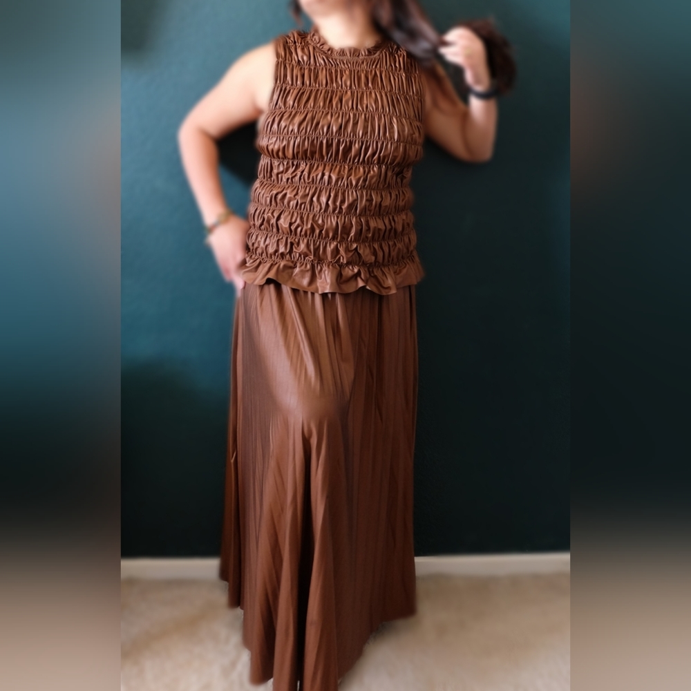 Marc New York Brown Faux Leather Top and Skirt Set